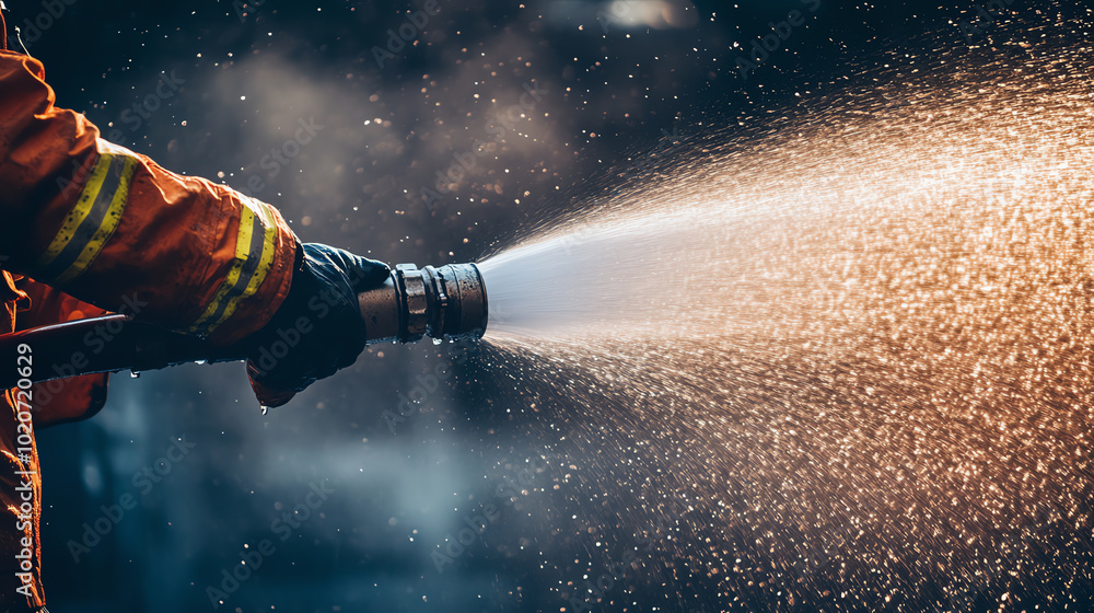 A firefighter in action spraying water from a hose, showcasing the power of firefighting equipment amidst a misty background.