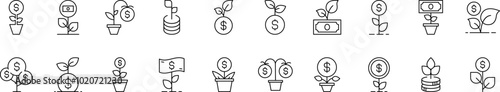 Money Tree Outline Icon Collection. Editable Stroke. Perfect for Infographics, Articles, Books, Flyers, Banners