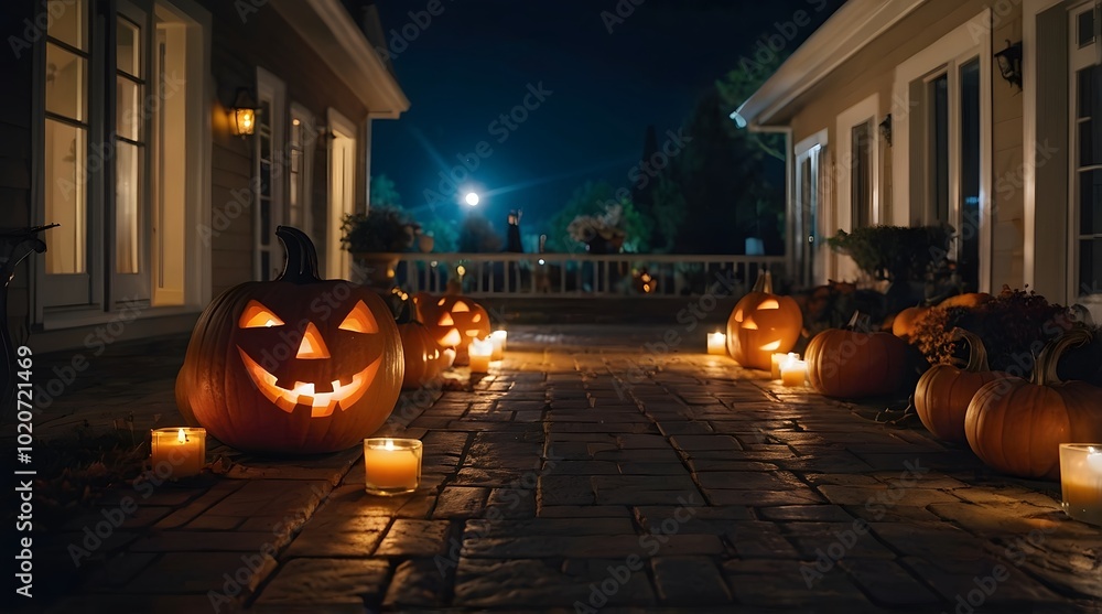 Obraz premium A Luxury House with a Halloween Theme, Decorated Halloween Pumpkins