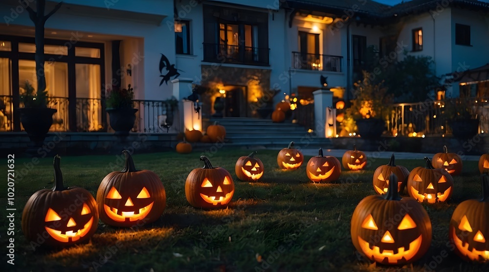Obraz premium A Luxury House with a Halloween Theme, Decorated Halloween Pumpkins