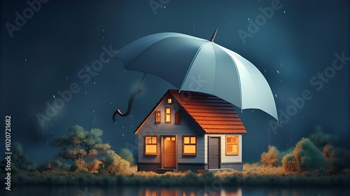 A cozy house in the woods at night with a glowing moon, surrounded by trees and rain, featuring an umbrella by the window in a charming cartoon style photo