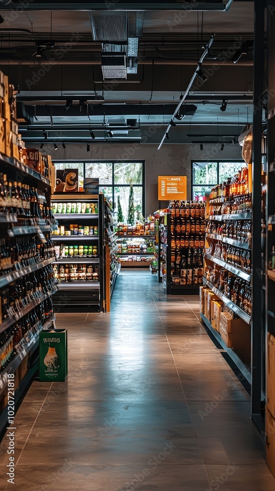 A well-organized grocery aisle showcasing a variety of products in a modern store with natural light streaming through windows. A well-organized grocery aisle showcasing a variety of products in a modern store with natural light streaming through windows.