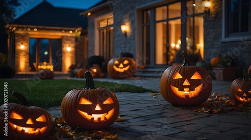 A Luxury House with a Halloween Theme, Decorated Halloween Pumpkins