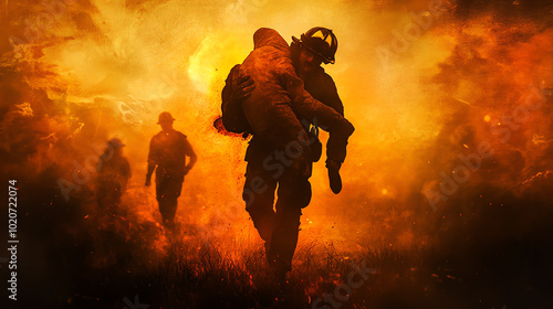 A soldier carries an injured person through a fiery landscape, symbolizing bravery and sacrifice in times of crisis. photo