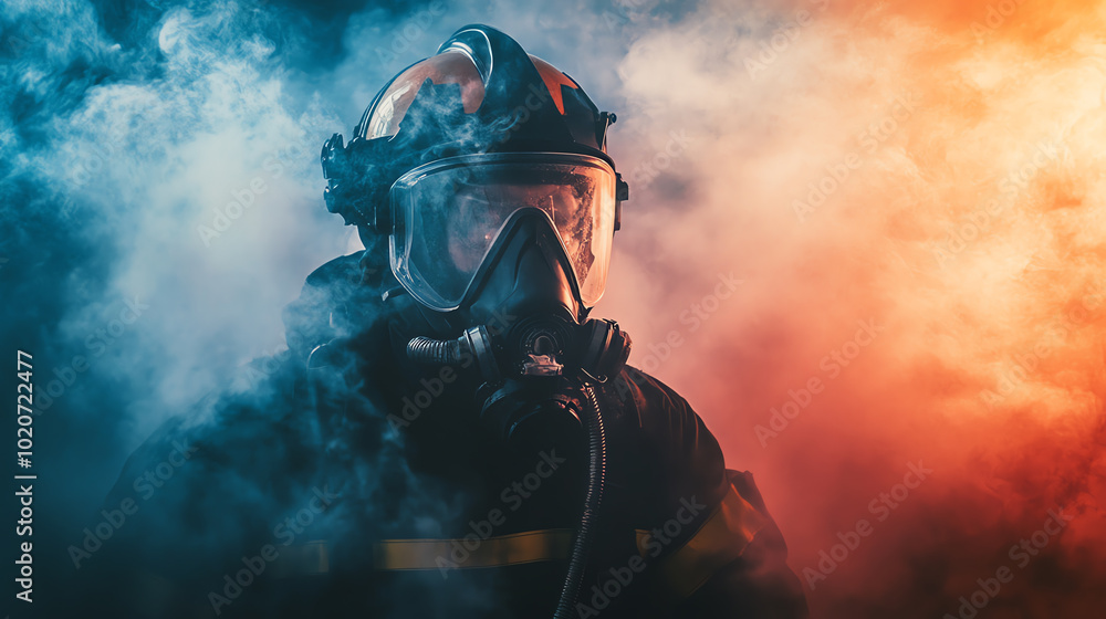 A brave firefighter in full gear stands ready amid dramatic smoke and colorful lighting, showcasing bravery and dedication to duty. A brave firefighter in full gear stands ready amid dramatic smoke and colorful lighting, showcasing bravery and dedication to duty.