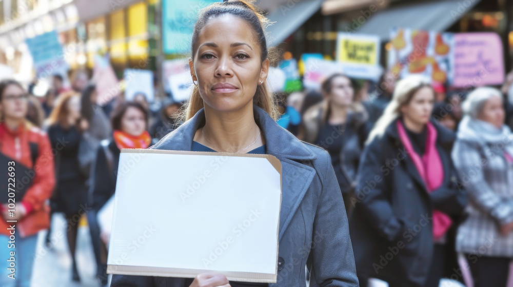 Woman entrepreneur with blank sign at equality protest Woman entrepreneur with blank sign at equality protest