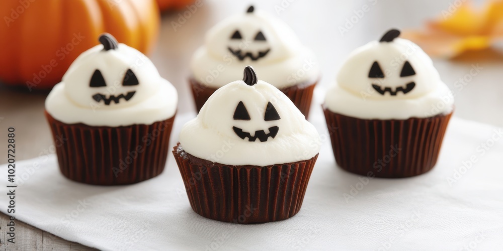 Delicious Halloween cupcakes decorated with pumpkin faces, perfect for festive celebrations and Halloween parties. Delicious Halloween cupcakes decorated with pumpkin faces, perfect for festive celebrations and Halloween parties.