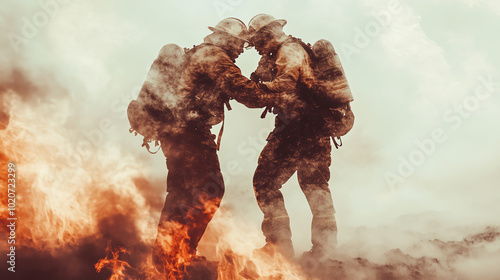 Obraz na płótnie Two firefighters battling flames, showcasing bravery and teamwork in a challenging situation, captured with a heroic and emotional tone. w salonie
