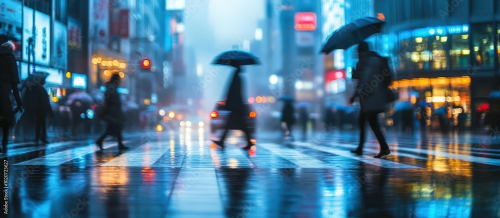 Rainy city street with blurred pedestrians Rainy city street with blurred pedestrians