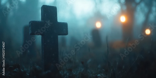 Eerie mist envelops a graveyard, with a moss-covered cross standing amongst dark tombstones, lit by lanterns in the background.