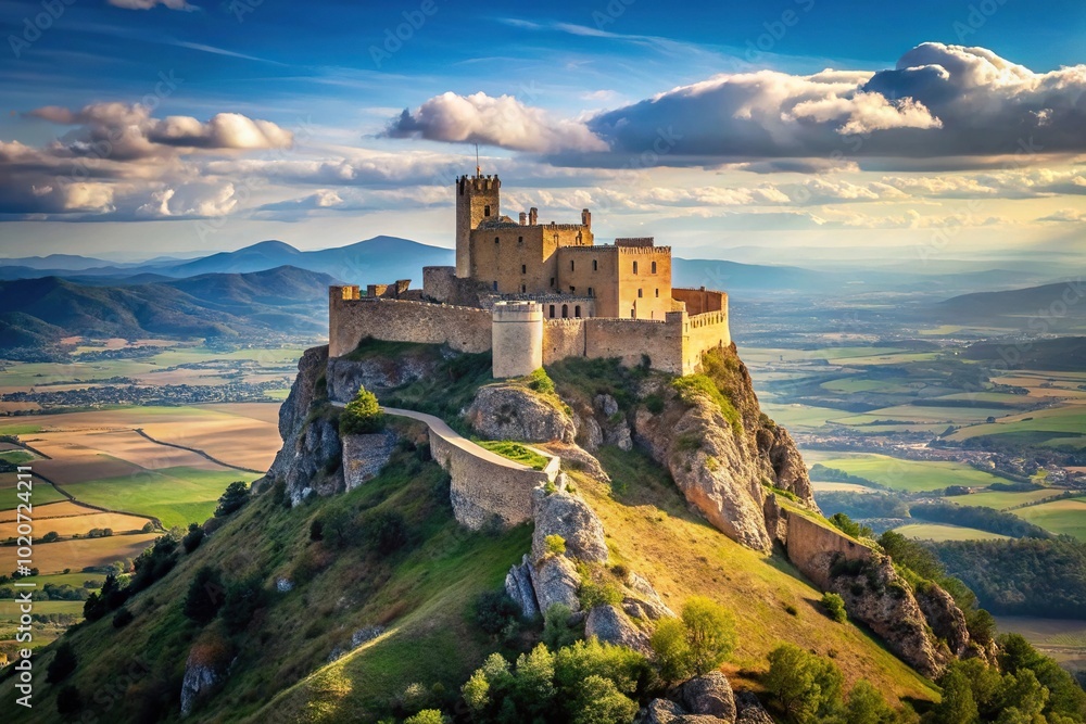 Fototapeta premium Fortress castle on hilltop overlooking landscape
