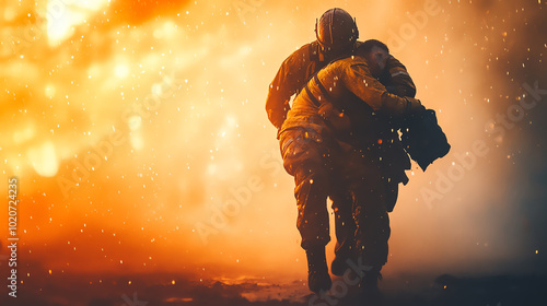 A heroic firefighter rescuing an injured person amidst a dramatic backdrop of flames and smoke, symbolizing bravery and emergency response. photo