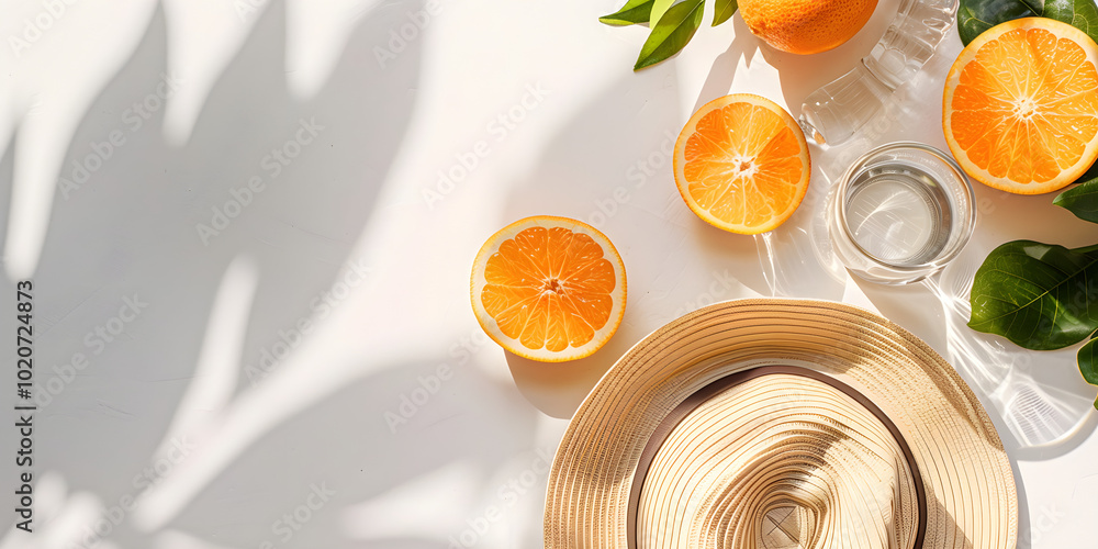 Top view of straw hat and oranges on white beach towel with shadows.
Top view of straw hat and oranges on white beach towel with shadows.