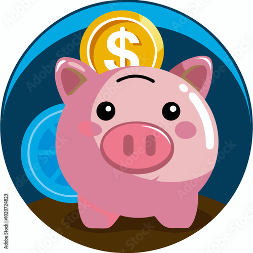 Piggy Bank with Coin - Savings and Finance Concept Illustration