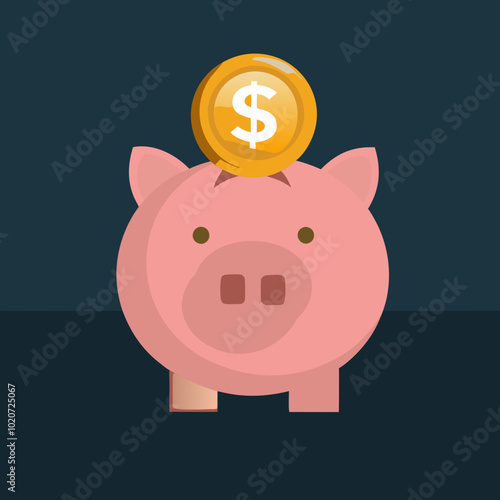Piggy Bank with Coin - Savings and Finance Concept Illustration