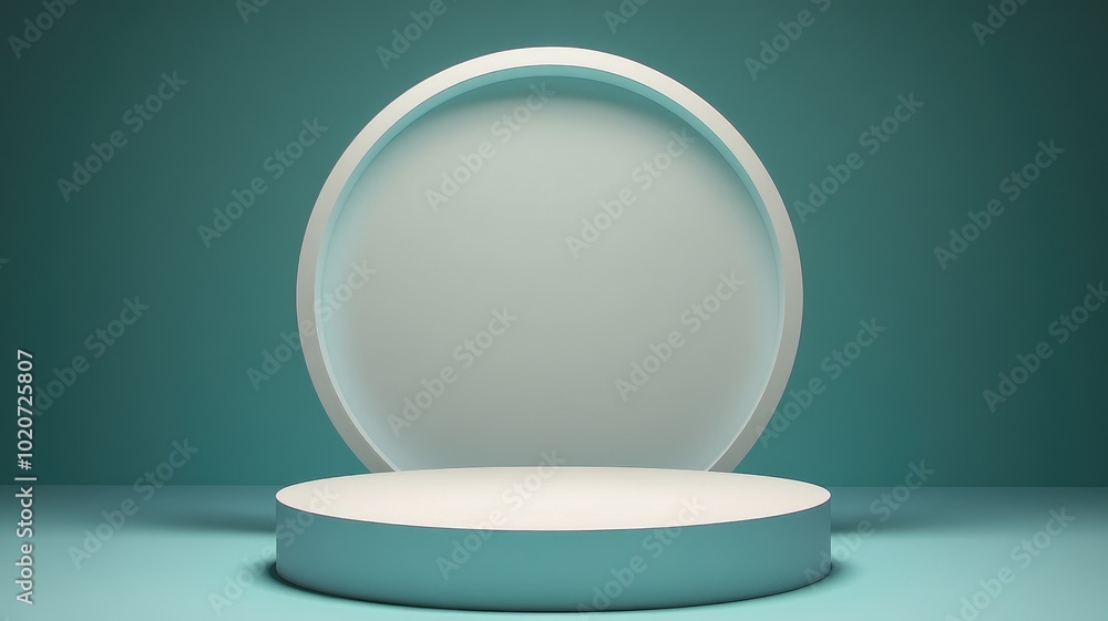 White Circular Pedestal with Teal Background and Oval Frame White Circular Pedestal with Teal Background and Oval Frame