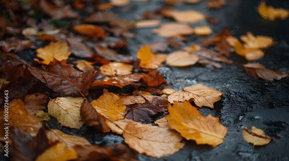 A very realistic depiction of golden, rain-soaked autumn leaves lying on a black wet surface A very realistic depiction of golden, rain-soaked autumn leaves lying on a black wet surface