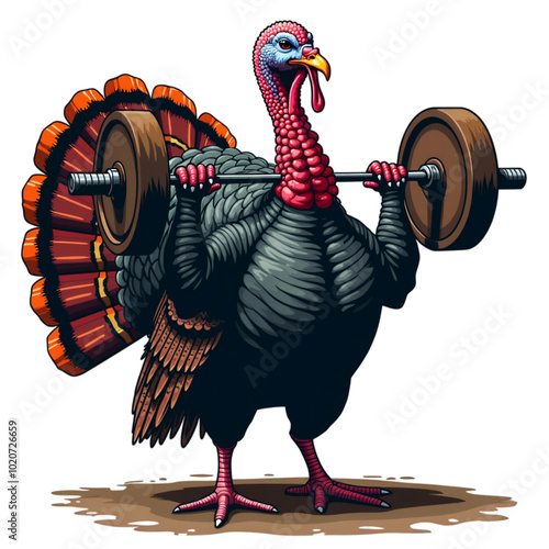 A muscular cartoon turkey is lifting a heavy barbell, wearing an orange tank top that highlights its strong arm photo