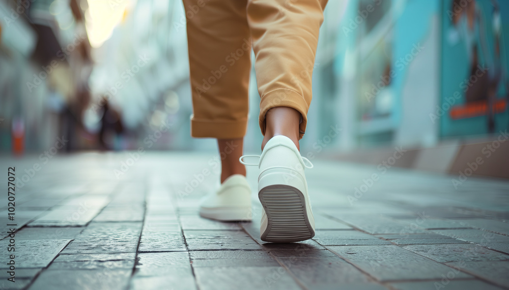 Close-Up of Person Walking on a City Street with White Sneakers | Urban Lifestyle and Fashion Close-Up of Person Walking on a City Street with White Sneakers | Urban Lifestyle and Fashion