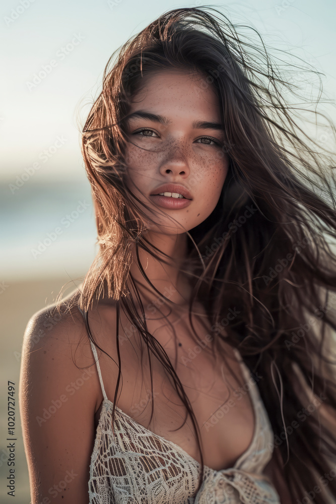 Woman with Freckles and Windswept Hair in Lace Dress Posing on the Beach at Sunset Woman with Freckles and Windswept Hair in Lace Dress Posing on the Beach at Sunset