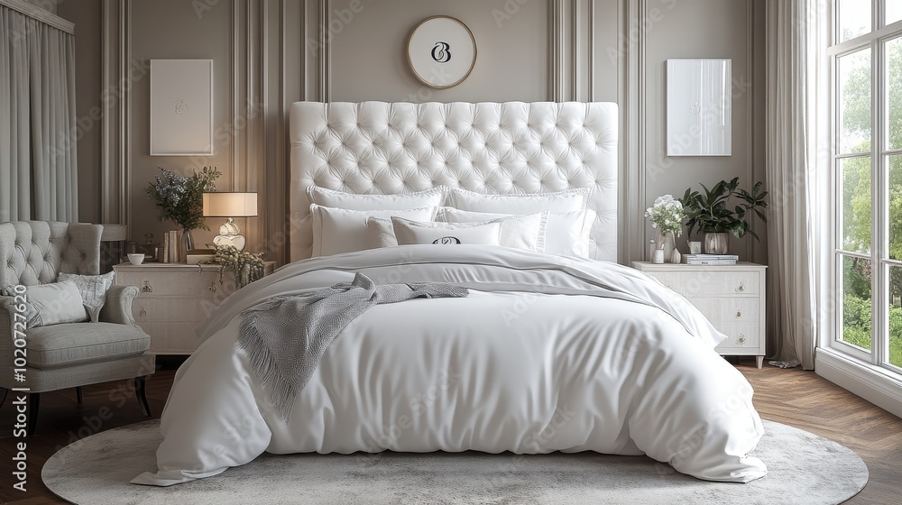 Fototapeta premium A serene bedroom with a tufted white headboard, plush bedding, and elegant decor, creating a cozy and luxurious ambiance.