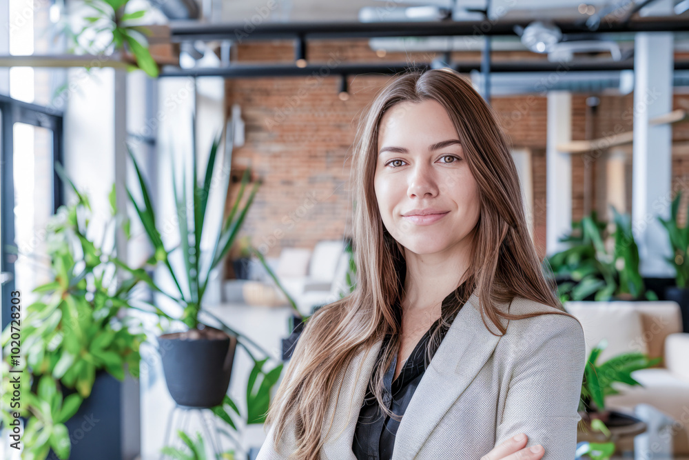 Confident Young Businesswoman in a Bright Modern Office with Greenery Confident Young Businesswoman in a Bright Modern Office with Greenery