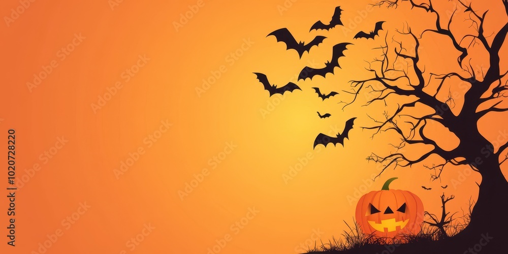 Spooky Halloween scene with a carved pumpkin, bats flying, and an eerie tree silhouetted against a vibrant orange sunset. Spooky Halloween scene with a carved pumpkin, bats flying, and an eerie tree silhouetted against a vibrant orange sunset.