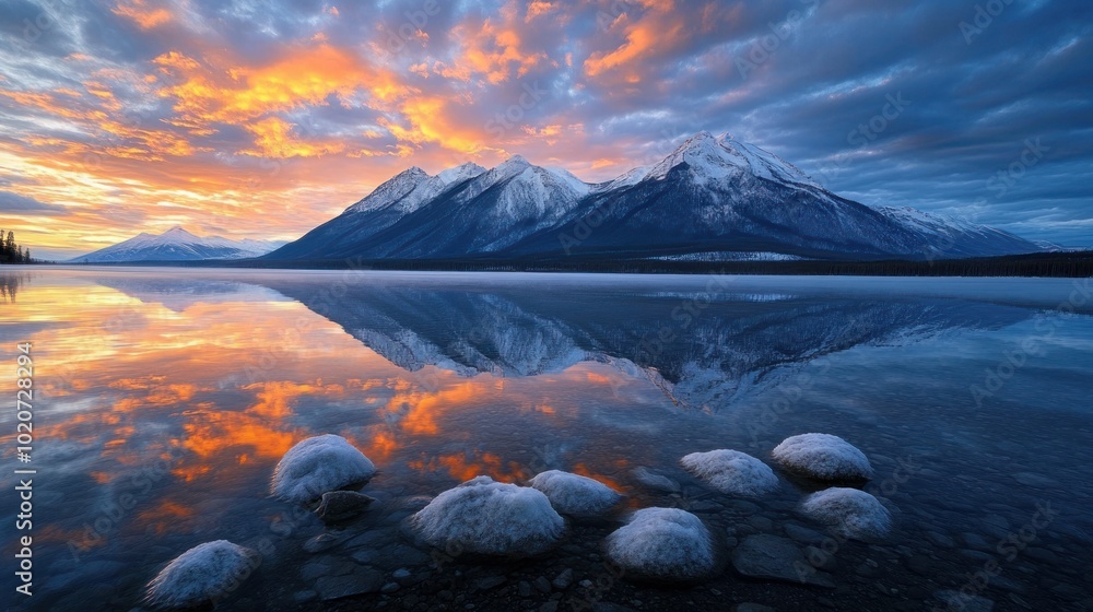 Fototapeta premium Snow-capped Mountain Range Reflected in Calm Lake at Sunset