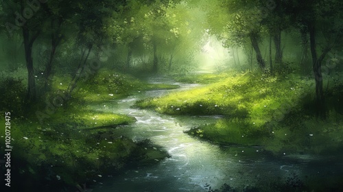 Serene Forest with Gentle Stream and Soft Light