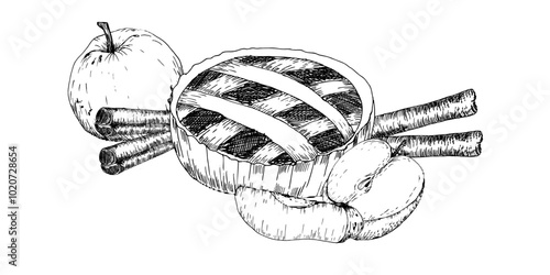 Baked apple pie with apple fruits and cinnamon sticks ink graphics. Hand drawn vector autumn seasonal illustration, Thanksgiving food. Poster, packing, cafe or bakery menu design