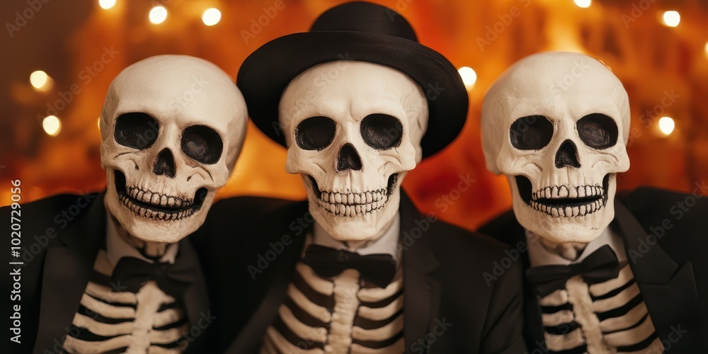 Three cheerful skeleton figures in tuxedos and hats, celebrating with a festive backdrop, perfect for Halloween themes. Three cheerful skeleton figures in tuxedos and hats, celebrating with a festive backdrop, perfect for Halloween themes.