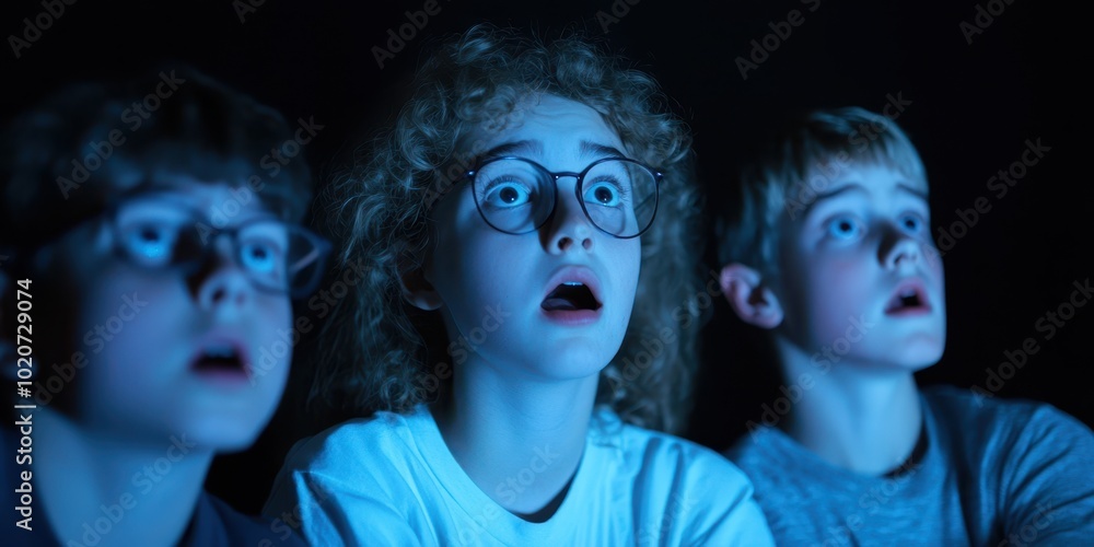 Obraz premium Three children captivated by a screen, their eyes wide with wonder and amazement in a darkened environment.