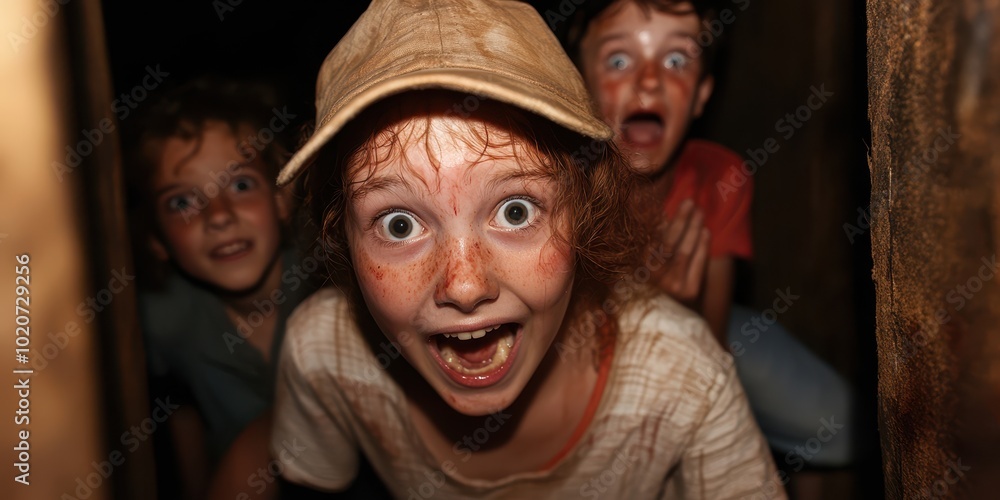 Three children in a dark space, expressing excitement and surprise, showcasing playful adventure and imagination. Three children in a dark space, expressing excitement and surprise, showcasing playful adventure and imagination.