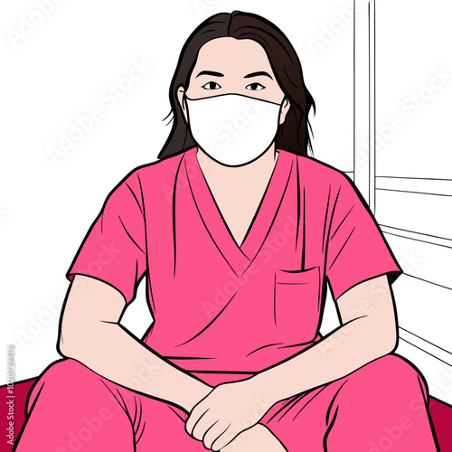Tired healthcare worker, medical professional, seated illustration, wearing mask, fatigue expression, copy space