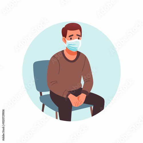 Man sitting anxiously in a waiting room wearing a mask