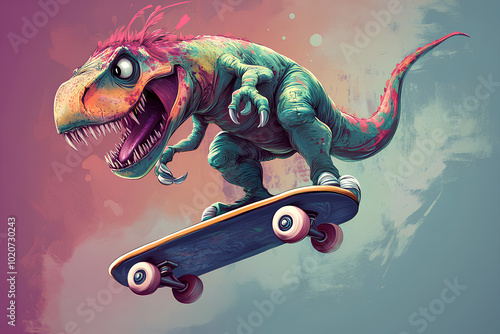 Fototapeta Naklejka Na Ścianę i Meble -  Cool dinosaur playing skateboard illustration