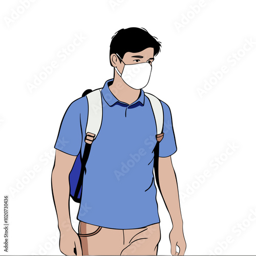 Young man wearing face mask and backpack with neutral expression on white background
