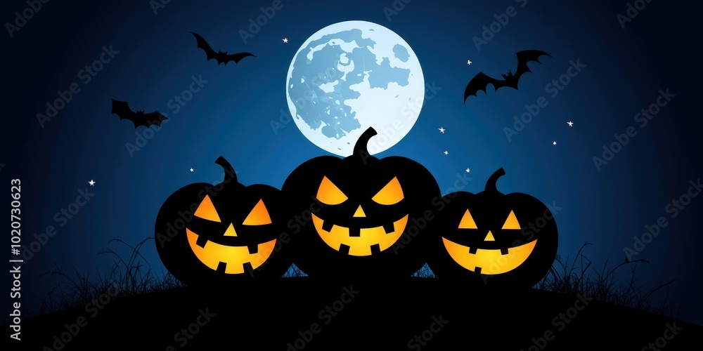 Three spooky pumpkins glow against a full moon, creating a haunting Halloween atmosphere filled with bats and mystery. Three spooky pumpkins glow against a full moon, creating a haunting Halloween atmosphere filled with bats and mystery.