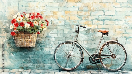 Whimsical watercolor painting of a vintage bicycle with a flower-filled basket, against a brick wall, with text space photo