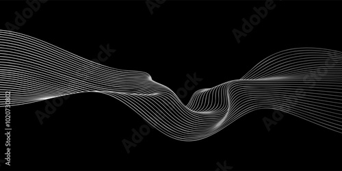 Abstract vector wavy lines flowing smooth curve white light gradient color on black background in concept of technology, science, music, modern.