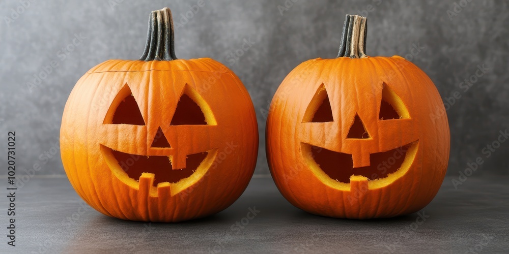 Two cheerful carved pumpkins with unique expressions, perfect for Halloween decor and autumn celebrations. Two cheerful carved pumpkins with unique expressions, perfect for Halloween decor and autumn celebrations.