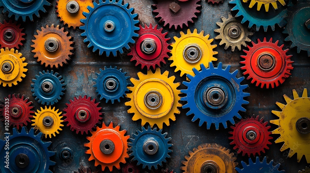Multicolored gears interlocking in an abstract design, representing creativity and teamwork, Pop Art, Bright colors, Bold outlines, High contrast Multicolored gears interlocking in an abstract design, representing creativity and teamwork, Pop Art, Bright colors, Bold outlines, High contrast