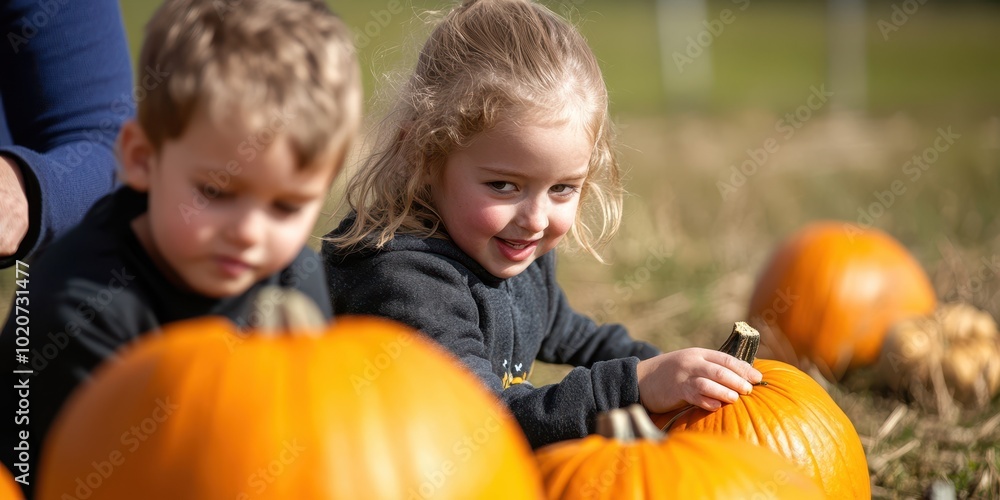 Fototapeta premium Two children play joyfully with pumpkins in a sunny field, capturing the essence of autumn festivities and family fun.