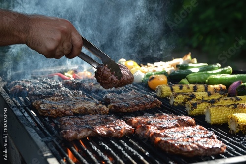 Grilled steak and vegetables on a barbecue photo