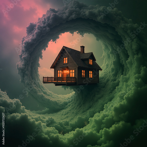 The house flies in the center of the vortex flow from the hurricane, moonlit night, conceptual mystical illustration after the storm photo