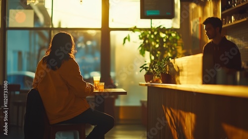 person sitting alone in cozy cafe at night