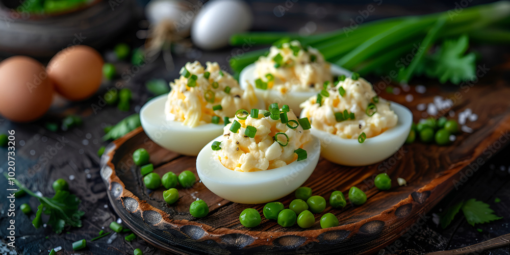 Boiled chicken eggs stuffed with herbs Delicious snack. Boiled chicken eggs stuffed with herbs Delicious snack.