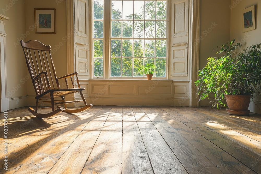 Fototapeta premium A Rocking Chair and Sunlight Streaming Through a Window in a Room with Wooden Floors