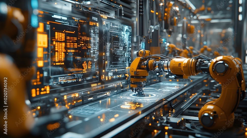 Robots in a looped assembly line creating AI-driven tech devices, dynamic lighting, chrome and glass materials, with holographic overlays, Futuristic, 3D modeling Robots in a looped assembly line creating AI-driven tech devices, dynamic lighting, chrome and glass materials, with holographic overlays, Futuristic, 3D modeling