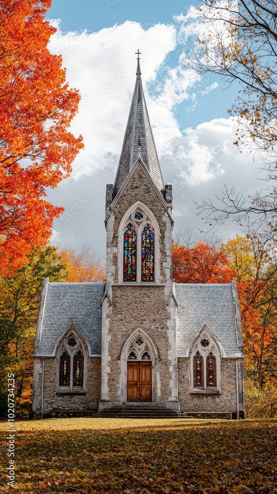 Charming stone church surrounded by vibrant autumn foliage and a dramatic sky, creating a picturesque scenic view. Charming stone church surrounded by vibrant autumn foliage and a dramatic sky, creating a picturesque scenic view.